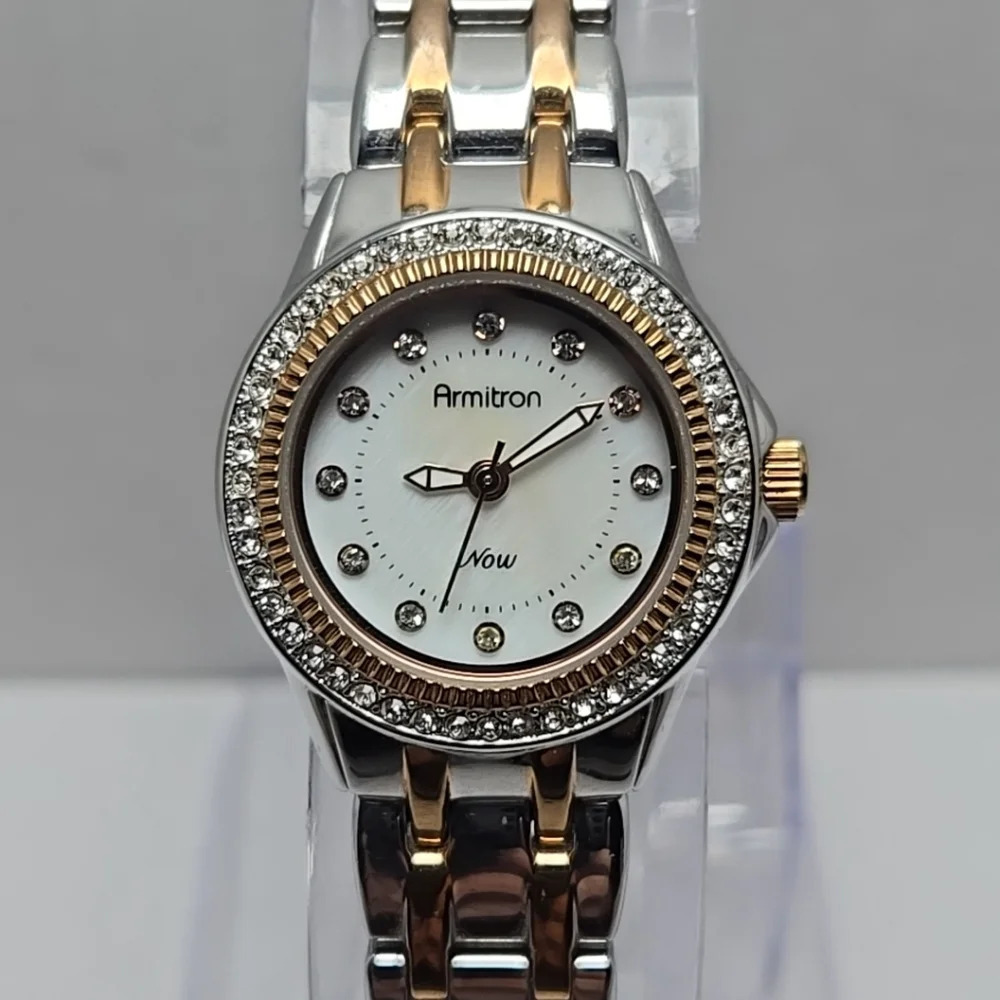 Womens Armitron Crystal Rose Gold Tone Bezel MOP Dial New Battery 32mm 75/5194